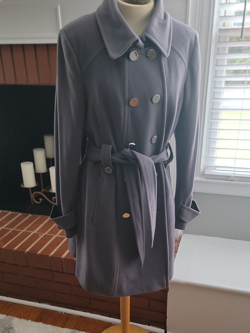 Elie Tahari Gray Double-Breasted Wool Belted Trench Coat